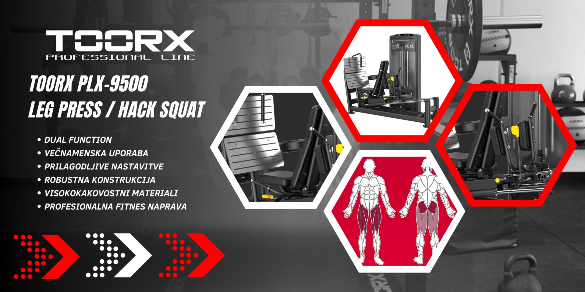 Toorx PLX-9500 Horizontal Leg Press / Hack Squat - dual function - profesionalna fitnes naprava za potisk z nogami in počepe - pin loaded